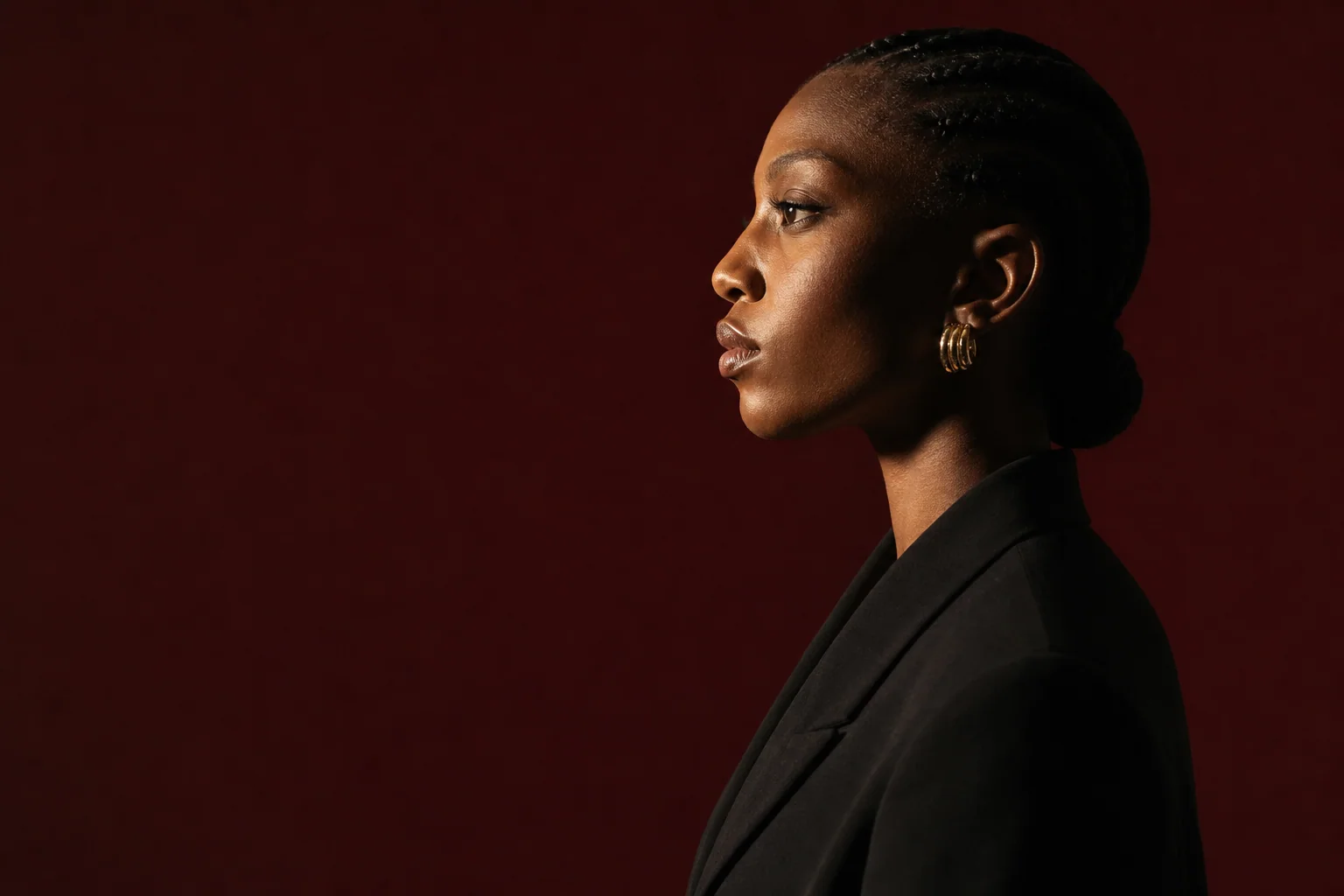Editorial profile portrait against an oxblood background
